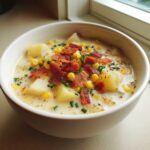 A close-up of a bowl of creamy corn chowder soup, loaded with potatoes, corn, bacon bits, and chives.
