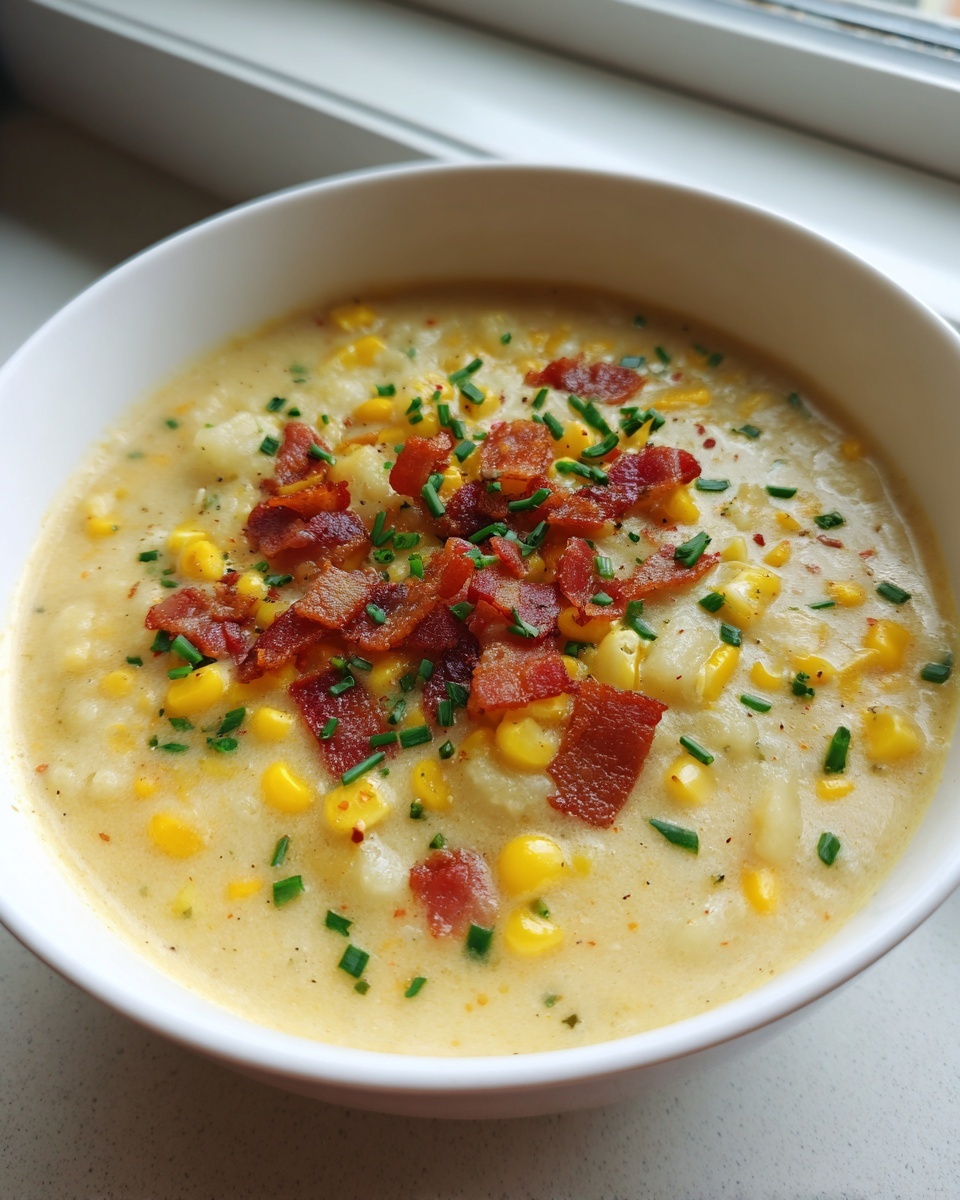 Close-up of a bowl of creamy corn chowder soup, generously topped with crispy bacon bits and fresh green chives.