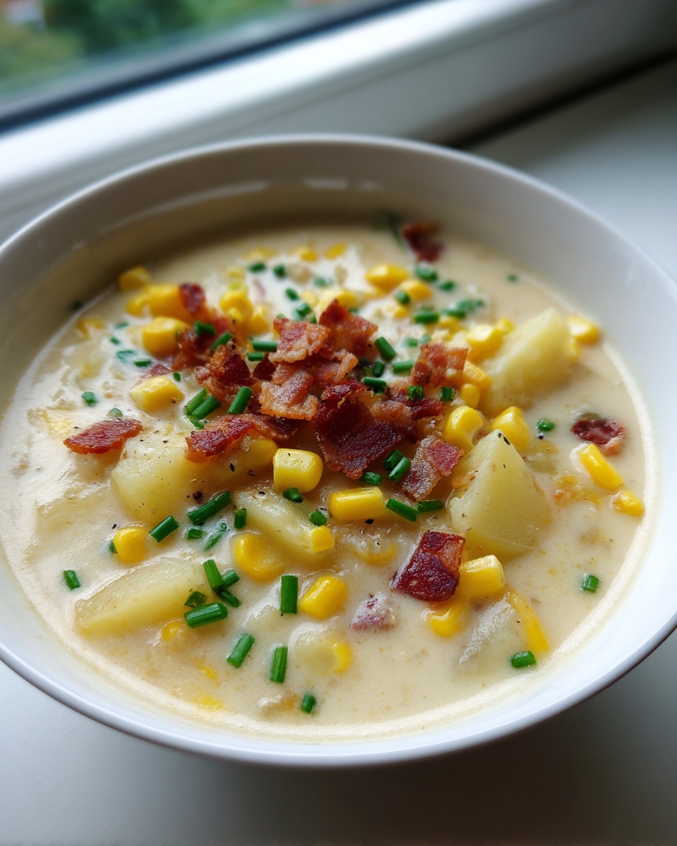 A close-up view of a bowl of creamy corn chowder soup topped with crispy bacon bits and fresh chives.