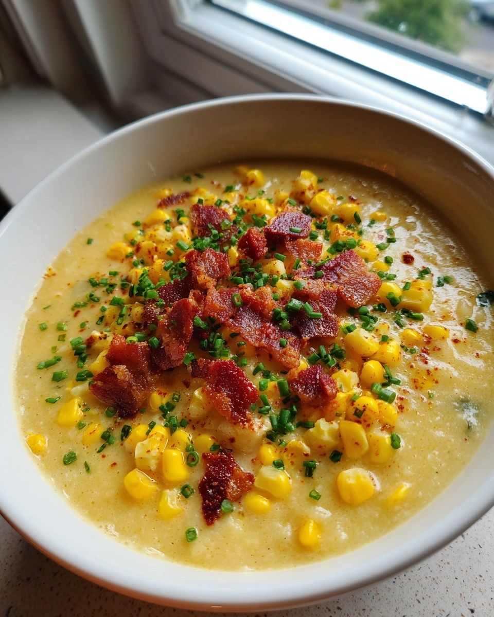 A close-up of creamy corn chowder soup topped generously with crispy bacon bits and fresh chives.
