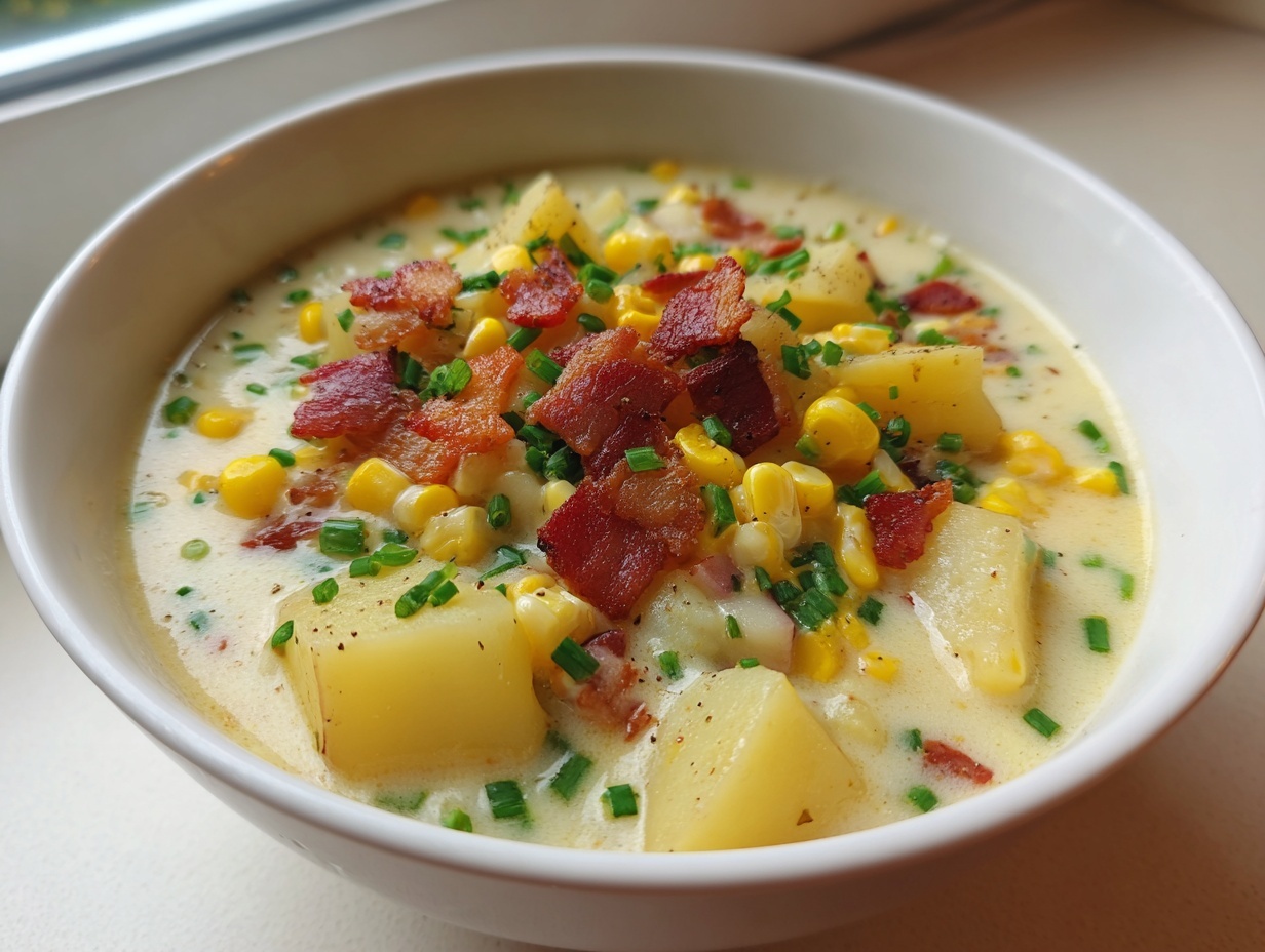 A close-up of a hearty bowl of creamy corn chowder soup, topped with bacon, corn kernels, and fresh chives.