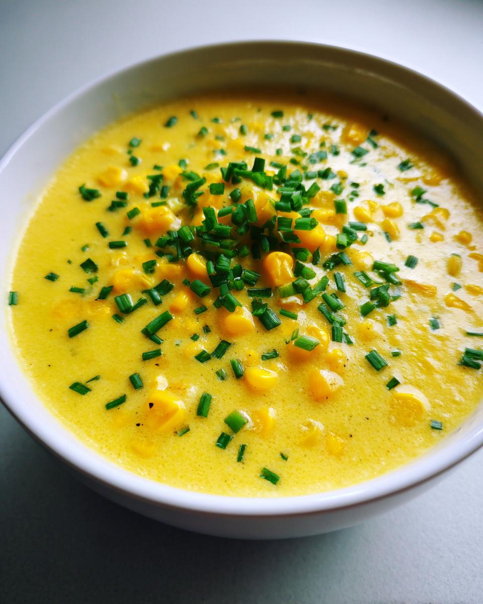 Close-up of a creamy yellow bowl of corn soup topped generously with fresh chopped chives.