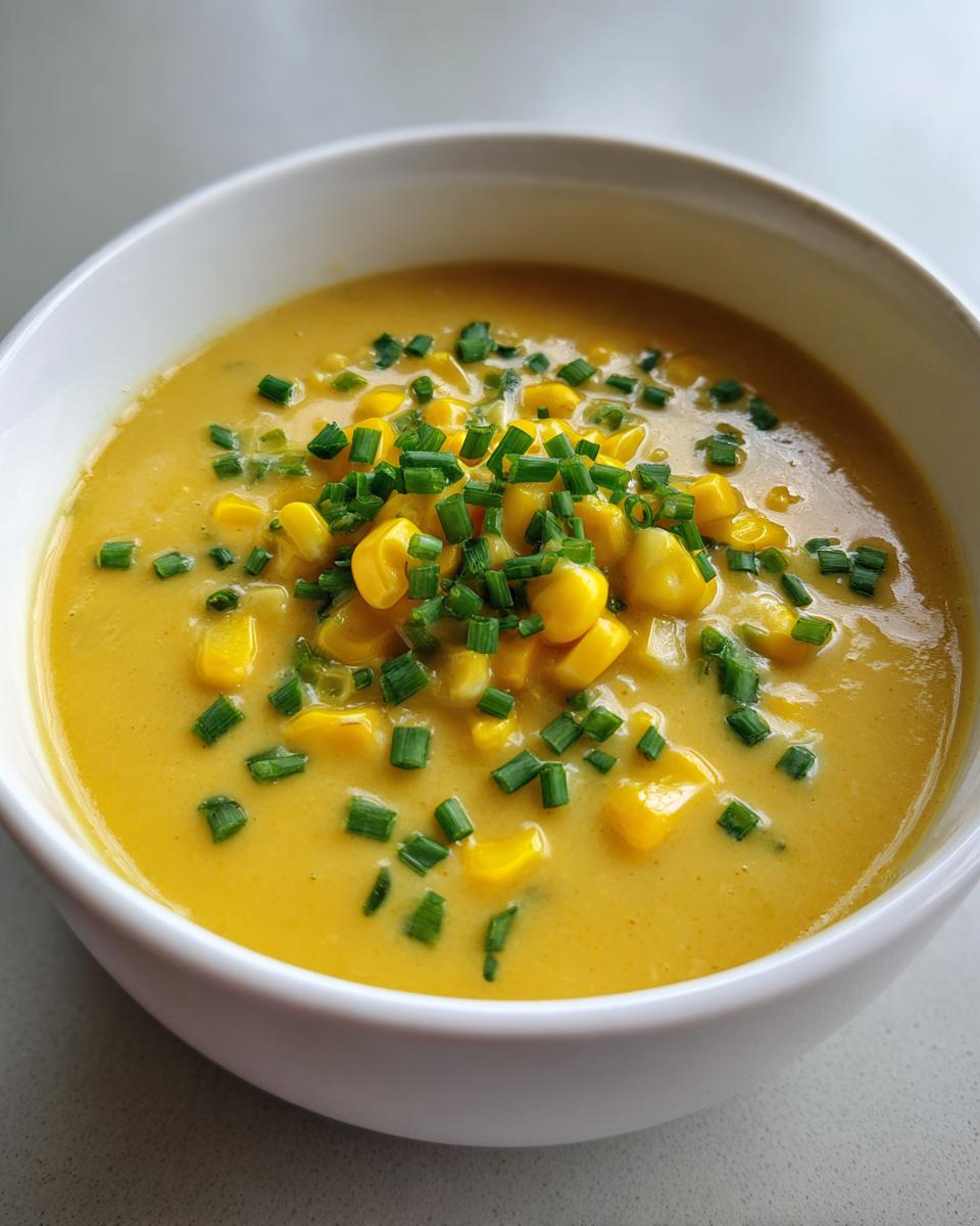 Close-up of a vibrant yellow corn soup garnished with whole corn kernels and fresh chopped chives.
