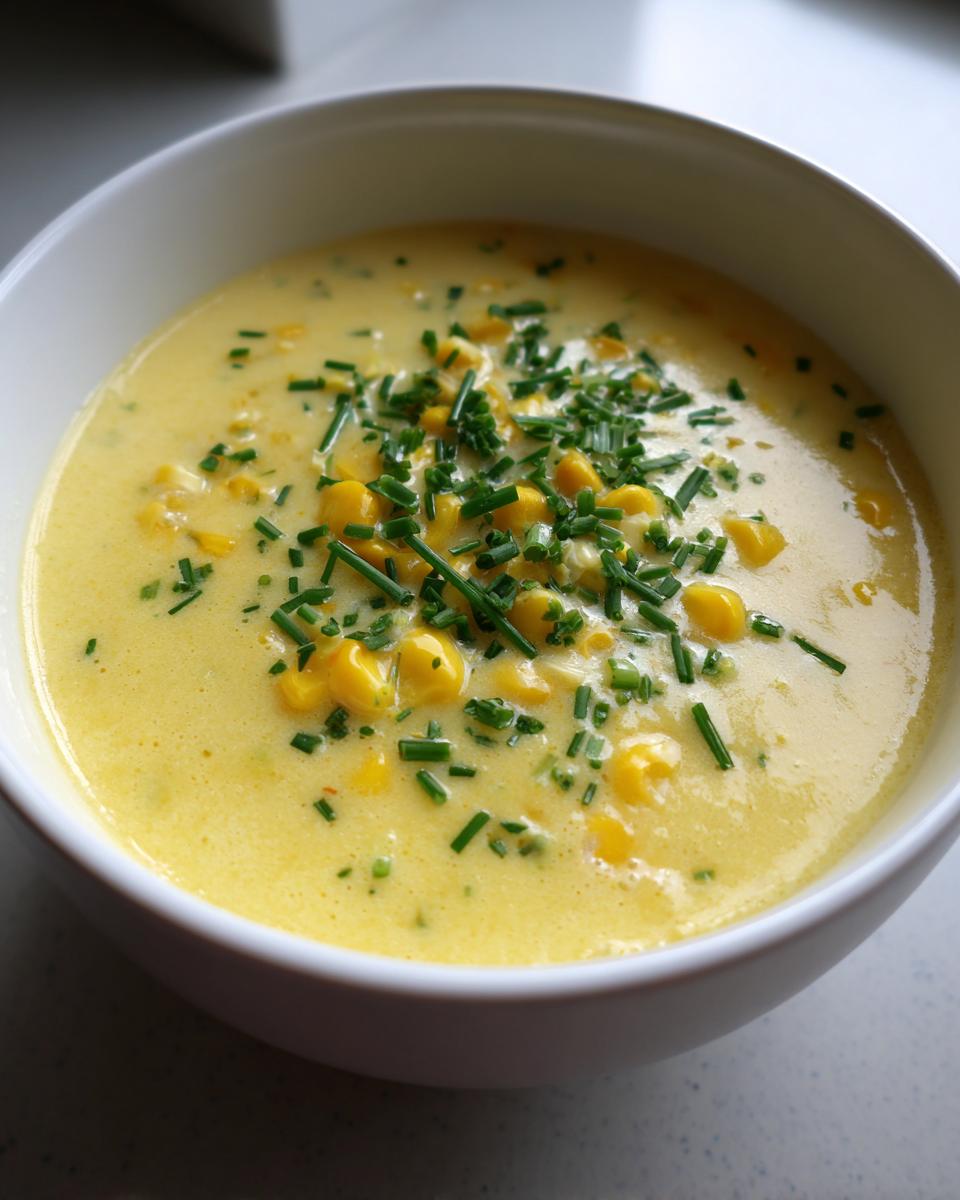 Close-up of a creamy yellow bowl of corn soup topped generously with whole corn kernels and fresh chopped chives.