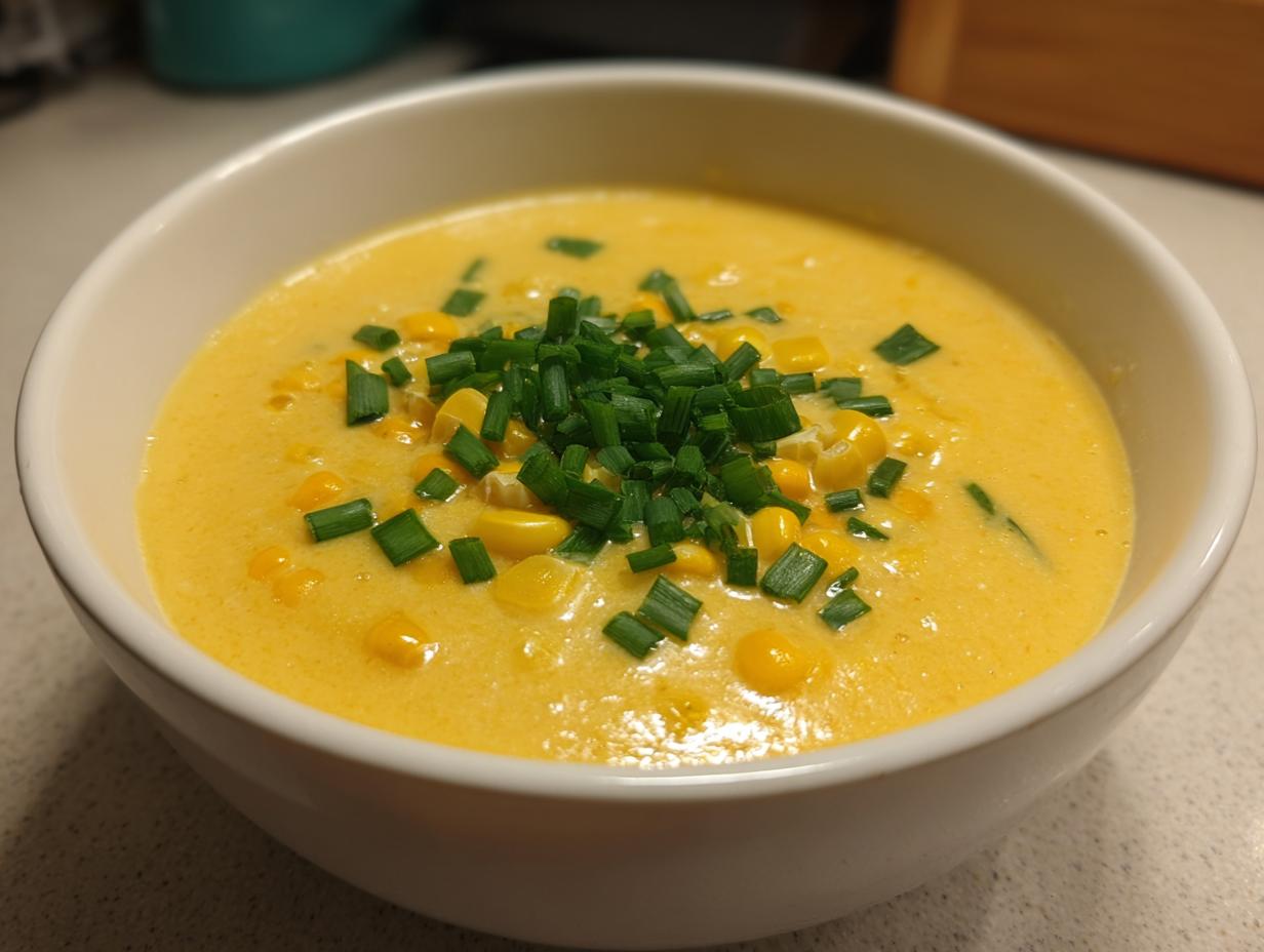 A close-up of a white bowl filled with creamy yellow corn soup, topped generously with fresh chopped chives.