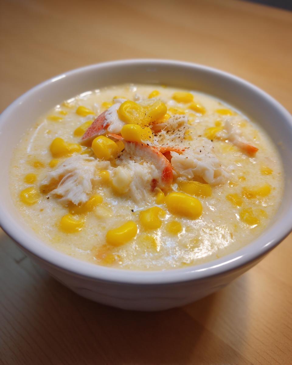 Close-up of a bowl of creamy crab and corn soup, topped with fresh crab meat and black pepper.