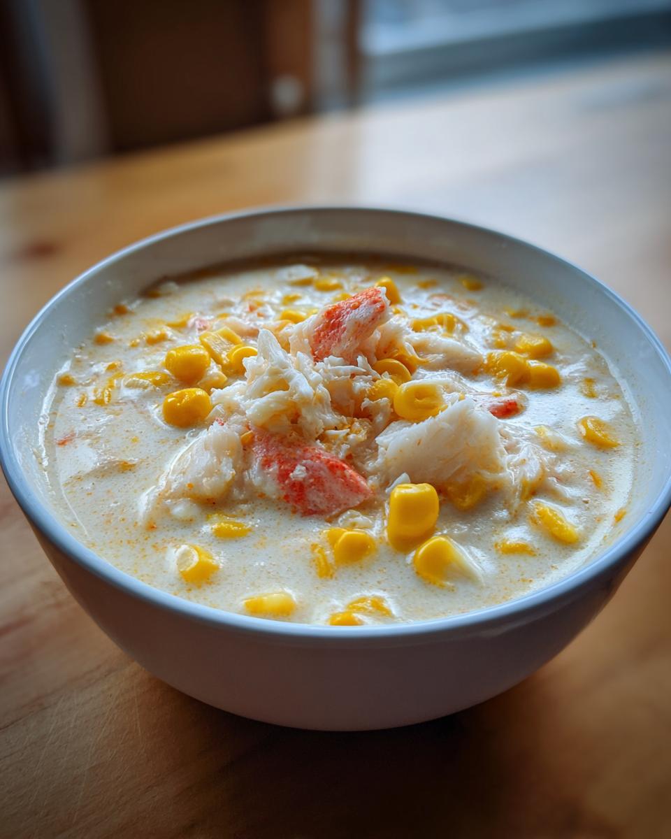 A close-up of creamy crab and corn soup topped generously with shredded crab meat.