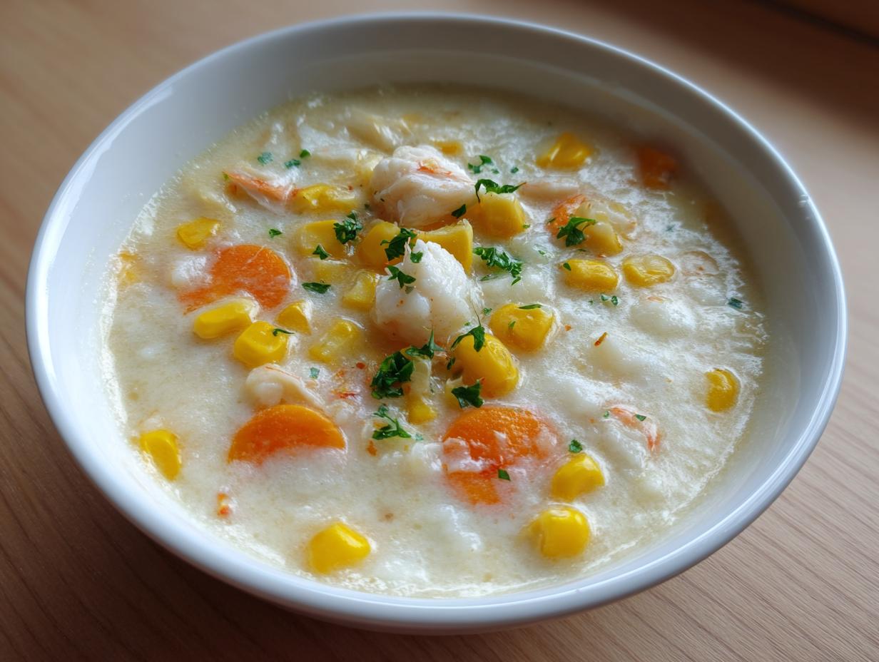 Close-up of a creamy crab and corn soup featuring chunks of white crab meat, bright yellow corn, and orange carrot slices, garnished with parsley.
