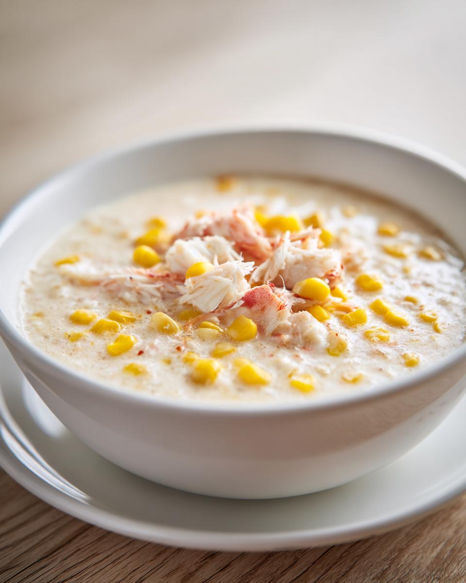 Close-up of a creamy crab and corn soup topped with shredded crab meat and yellow corn kernels.