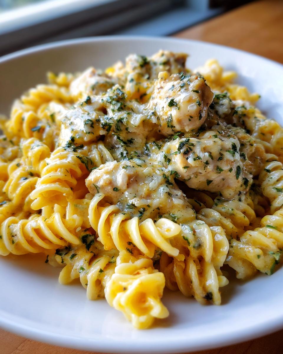 Close-up of creamy garlic chicken and rotini in parmesan sauce, topped with fresh parsley.