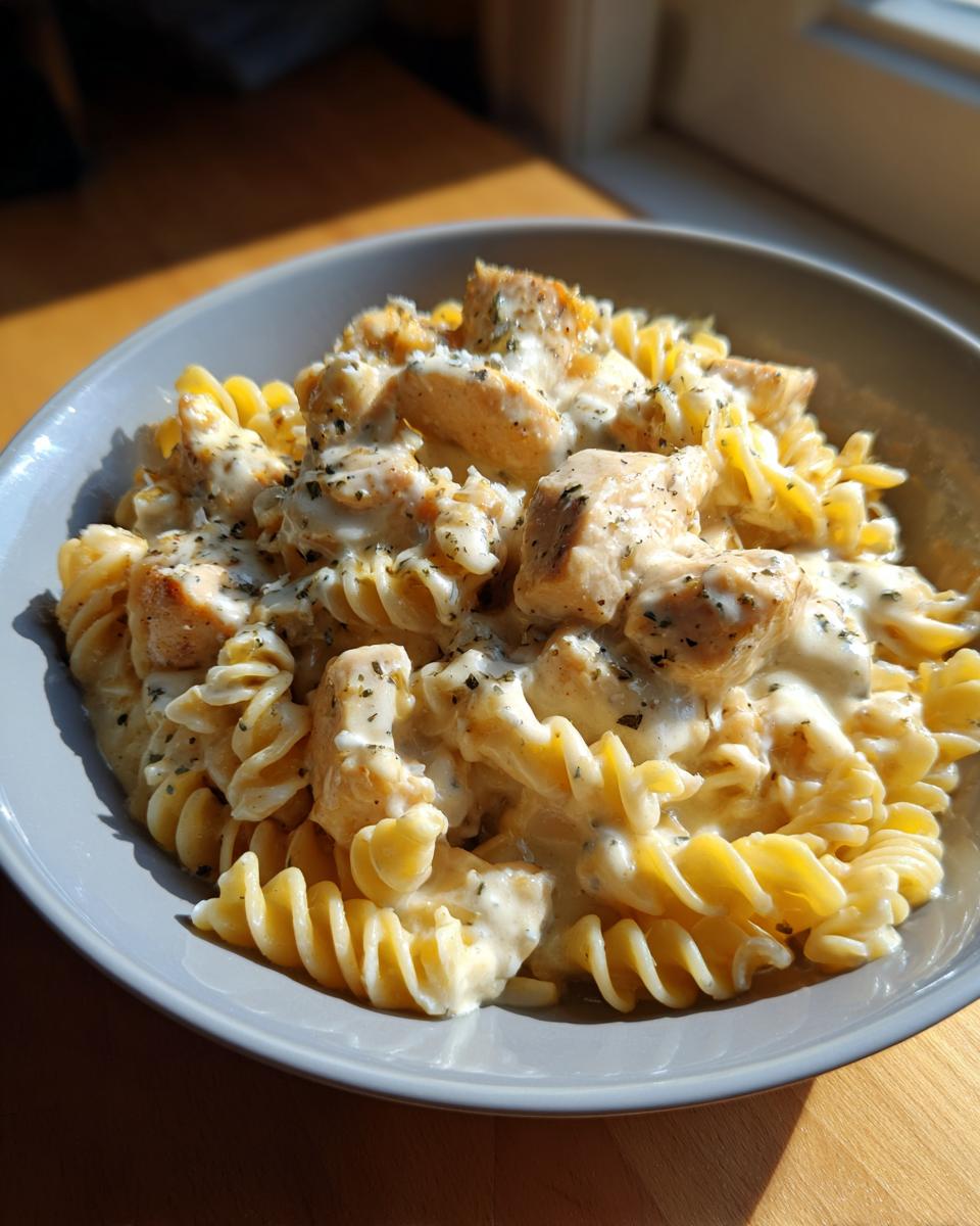 A close-up of creamy garlic chicken and rotini in parmesan sauce, topped with herbs, served in a grey bowl.