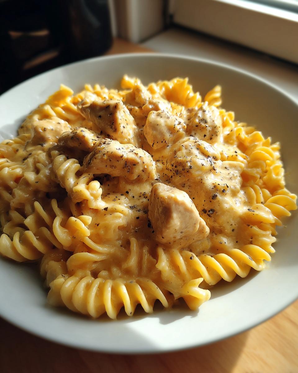 Close-up of creamy garlic chicken and rotini in parmesan sauce, seasoned with black pepper.