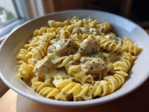 A close-up of creamy garlic chicken and rotini in parmesan sauce, garnished with herbs, served in a white bowl.