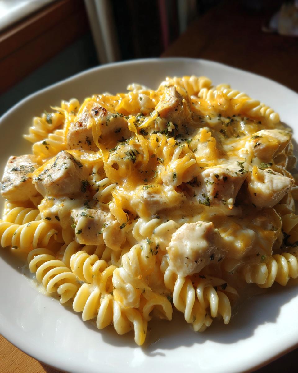 Close-up of creamy garlic chicken and rotini pasta topped with melted cheddar cheese and herbs.