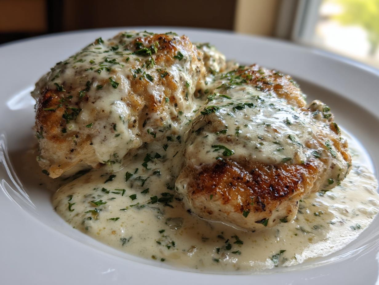Two golden-brown chicken breasts smothered in a rich, creamy garlic sauce and sprinkled with fresh parsley.