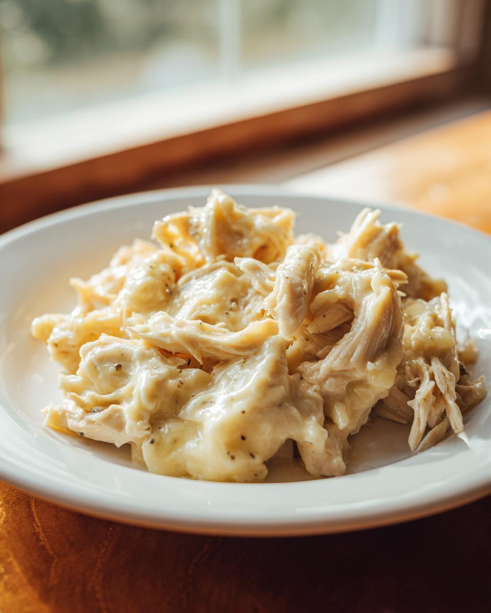 A close-up of shredded chicken coated in a rich, creamy garlic sauce, served on a white plate.