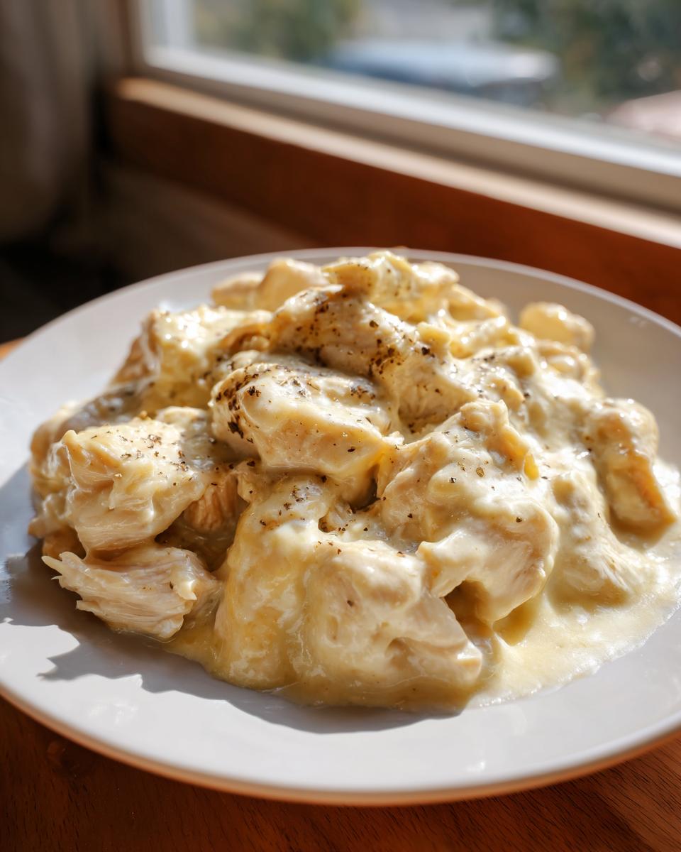 Close-up of shredded chicken coated in a thick, creamy garlic sauce, seasoned with pepper, served on a white plate.