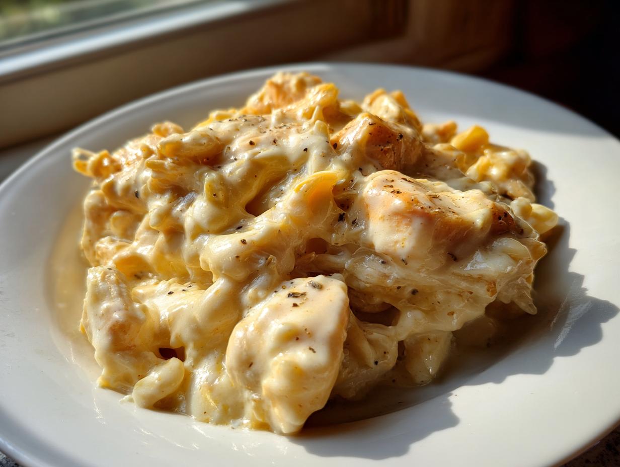 A close-up of creamy garlic chicken crockpot served on a white plate, rich with sauce and seasoning.