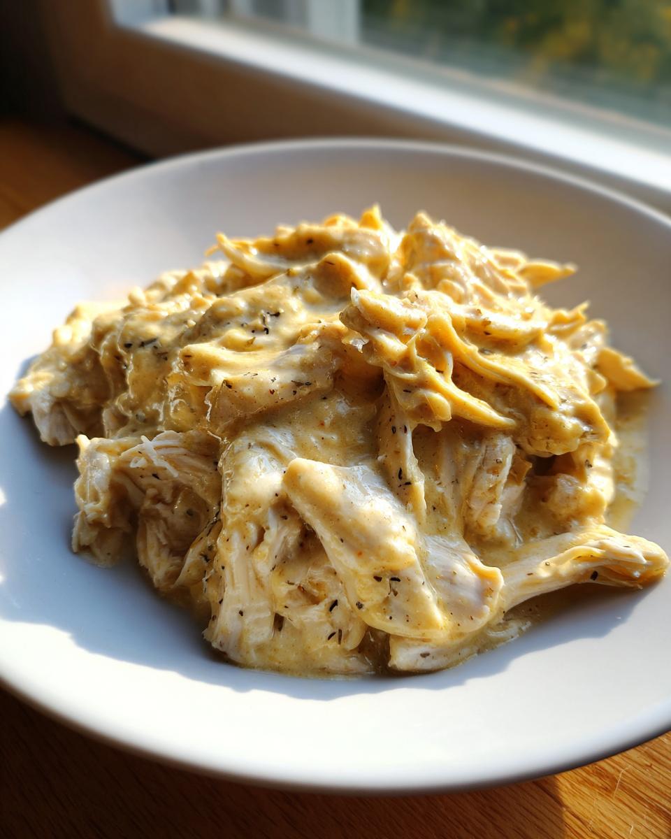 A close-up of shredded chicken coated in a rich, creamy garlic sauce, perfect for creamy garlic chicken crockpot recipes.