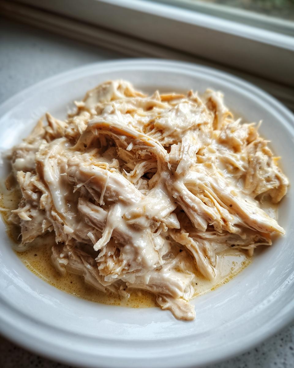 A close-up of shredded chicken coated in a rich, creamy garlic sauce, ready for serving.
