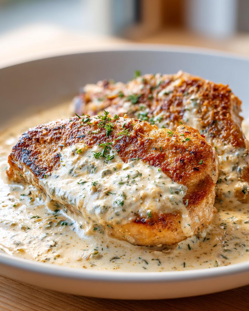 Two golden-brown chicken breasts smothered in a rich, creamy garlic chicken sauce, garnished with fresh herbs.