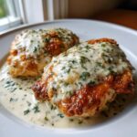 Two golden-brown chicken breasts smothered in a rich, creamy garlic chicken sauce and topped with fresh parsley.