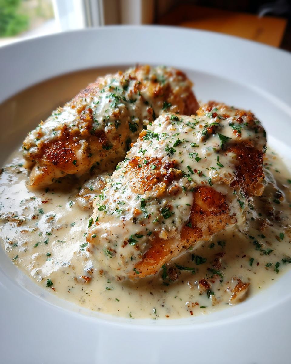 Two pan-seared chicken breasts smothered in a rich, creamy garlic sauce and topped with fresh parsley.