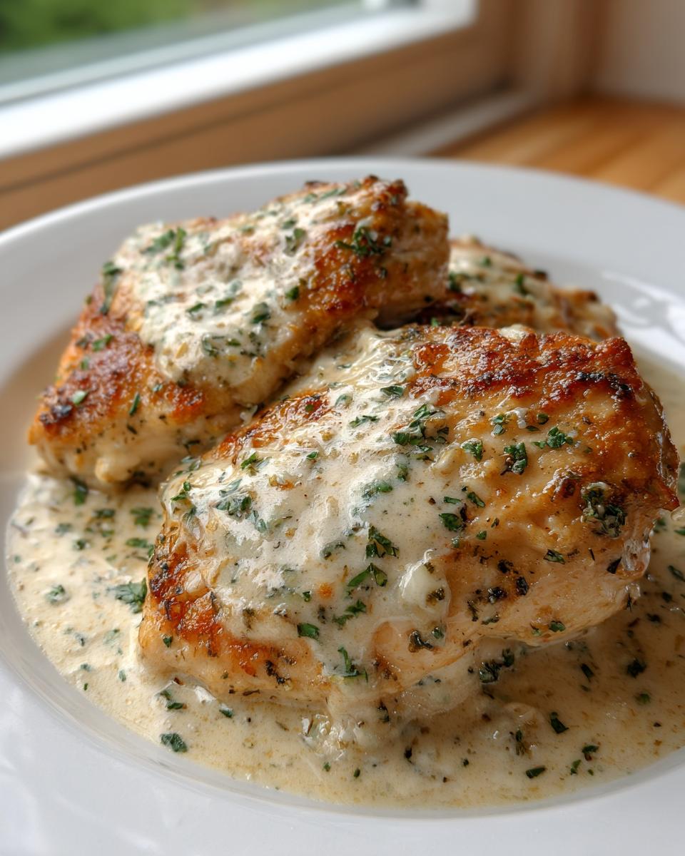 Close-up of golden seared chicken breasts smothered in a rich, creamy garlic sauce topped with fresh parsley.