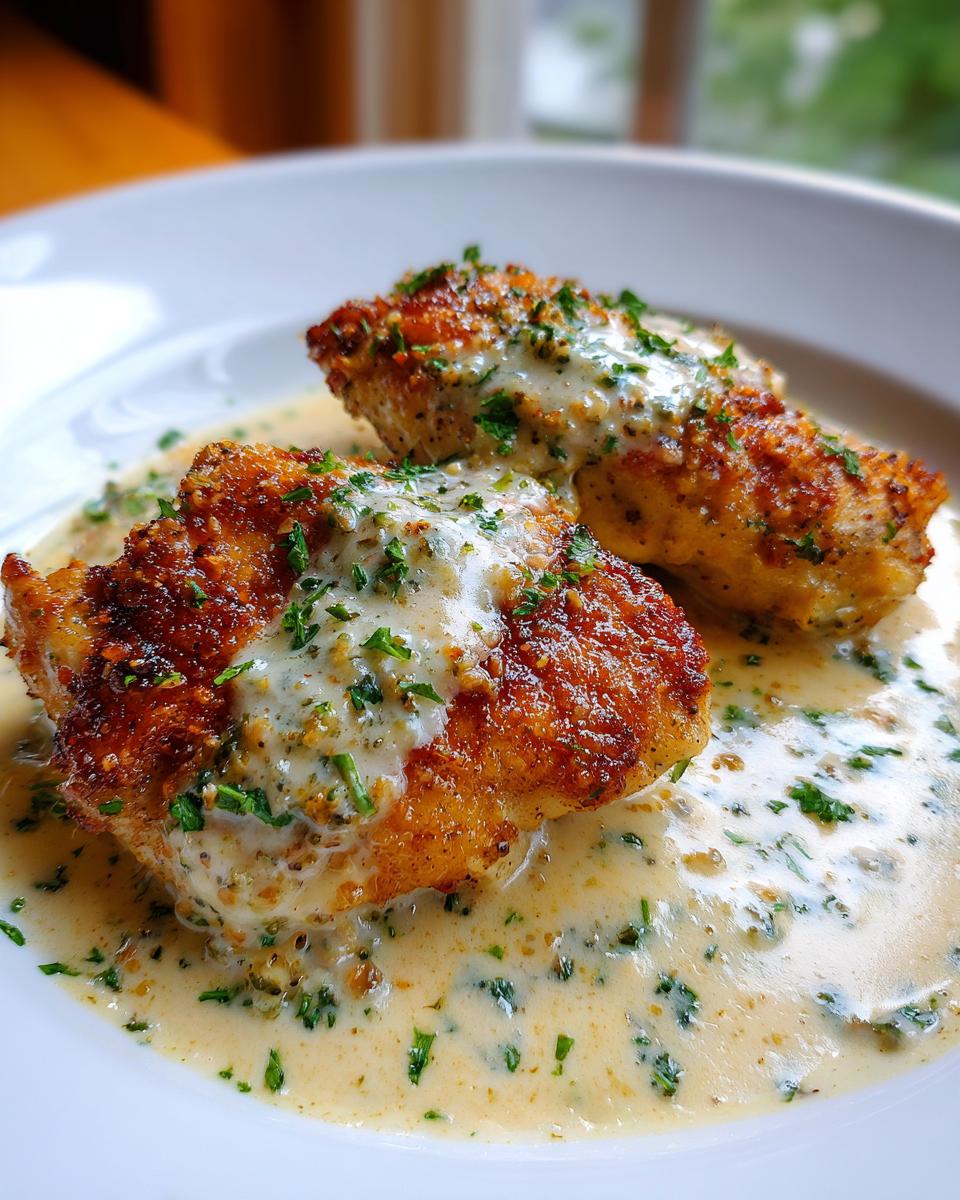 Two pieces of pan-seared chicken smothered in a rich, creamy garlic sauce and topped with fresh parsley.