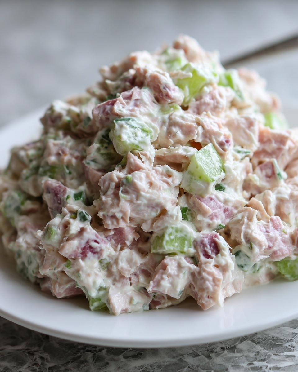 A close-up shot of a mound of creamy ham salad recipe mixed with chopped celery, served on a white plate.