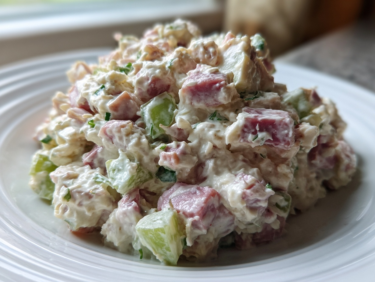 A close-up of a mound of creamy ham salad recipe featuring diced ham and green celery on a white plate.
