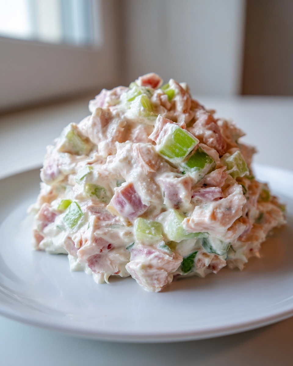 A mound of creamy ham salad recipe mixed with diced ham and bright green celery on a white plate.