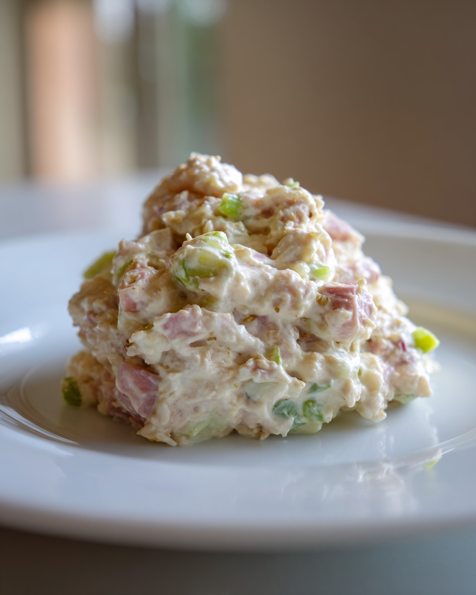 A scoop of creamy ham salad recipe with visible chunks of pink ham and green celery on a white plate.