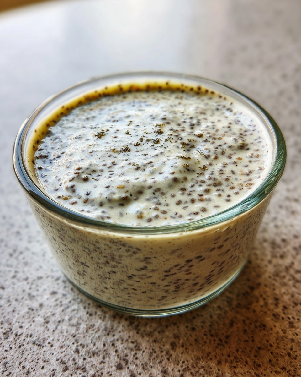 Close-up of thick, creamy chia pudding speckled with dark seeds in a small glass bowl.