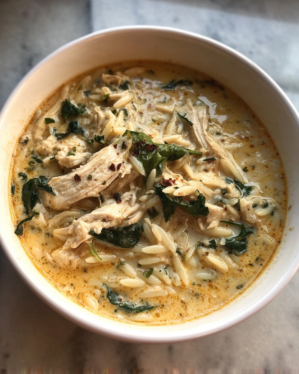 Close-up of a bowl of creamy marry me chicken orzo soup with shredded chicken and spinach.