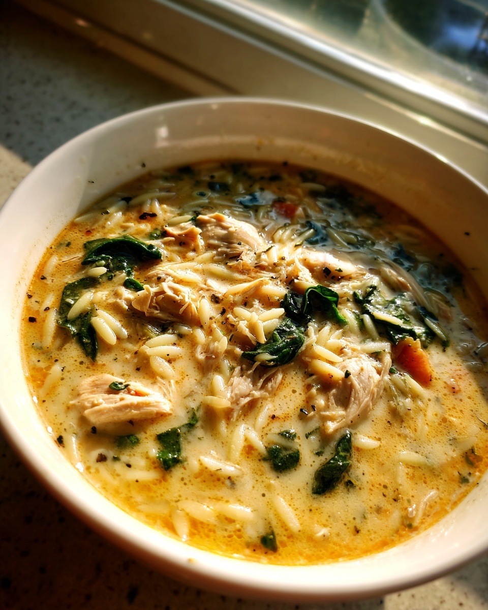 A close-up, warmly lit bowl of creamy marry me chicken orzo soup with shredded chicken and spinach.