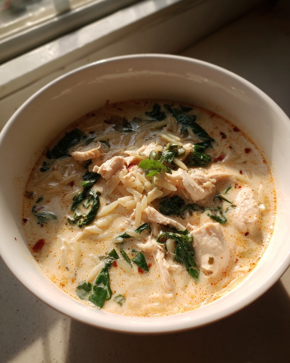 A close-up of a creamy bowl of marry me chicken orzo soup topped with shredded chicken and wilted spinach.