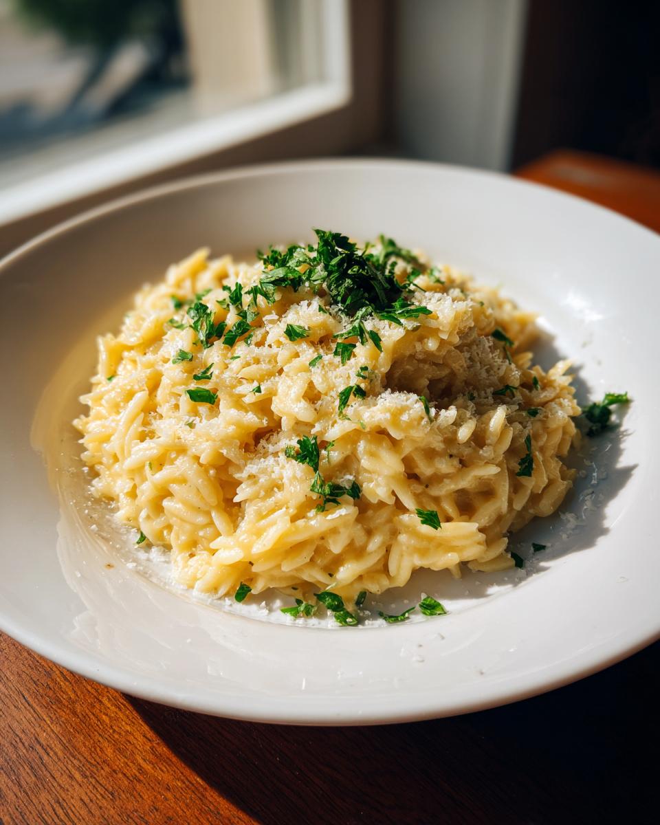 A creamy bowl of orzo pasta topped with grated Parmesan cheese and fresh parsley, ready to eat.