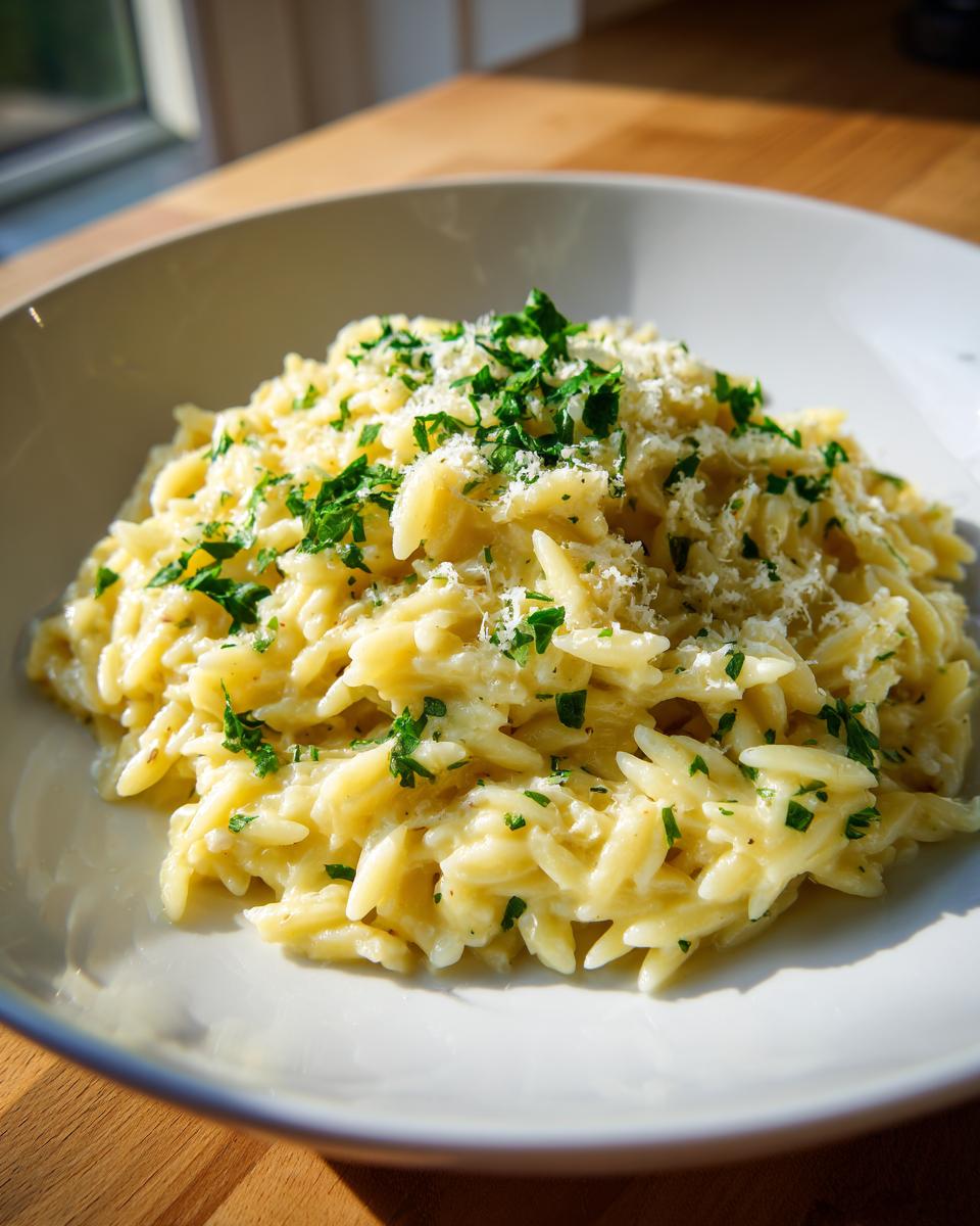 A close-up of creamy, cheesy orzo pasta topped with grated parmesan and fresh parsley.