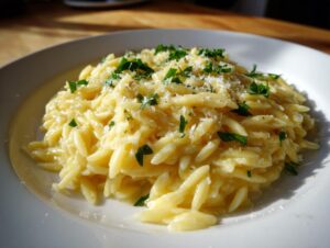 A close-up of a creamy, cheesy orzo pasta dish topped with grated Parmesan and fresh chopped parsley.
