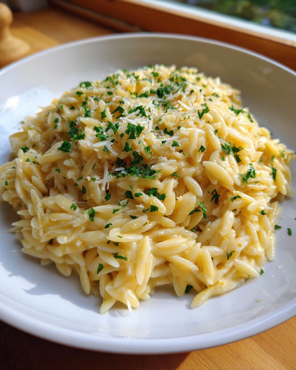 A close-up of creamy orzo pasta served in a white bowl, topped with grated Parmesan cheese and fresh chopped parsley.
