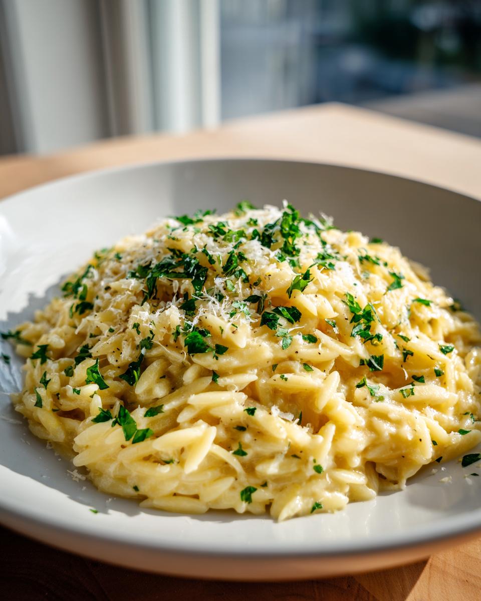 A close-up of creamy orzo pasta topped generously with grated cheese and fresh chopped parsley.