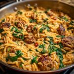 Close-up of creamy sausage orzo pasta mixed with wilted spinach in a stainless steel skillet.