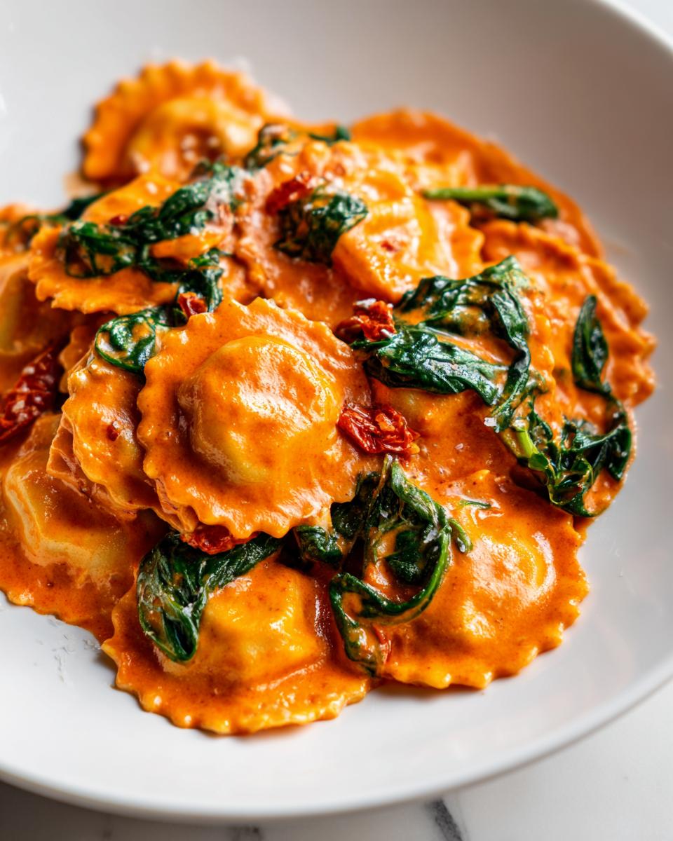 A close-up shot of creamy Tuscan ravioli tossed in a rich orange sauce with wilted spinach and sun-dried tomatoes.