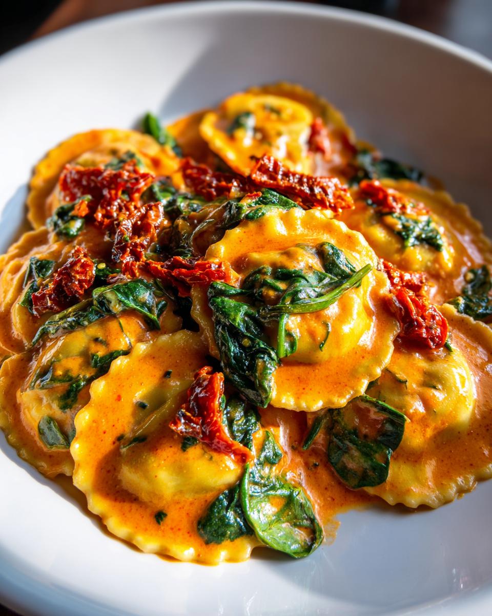 Close-up of delicious creamy Tuscan ravioli coated in a rich orange sauce with wilted spinach and sun-dried tomatoes.