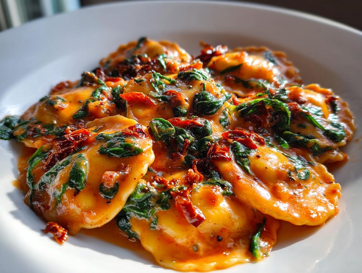 Close-up of creamy Tuscan ravioli coated in a rich sauce with spinach and sun-dried tomatoes.