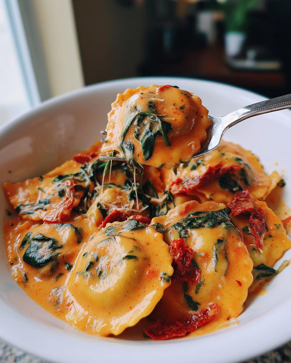 A fork lifts a piece of creamy Tuscan ravioli with sausage, spinach, and sun-dried tomatoes from a white bowl.