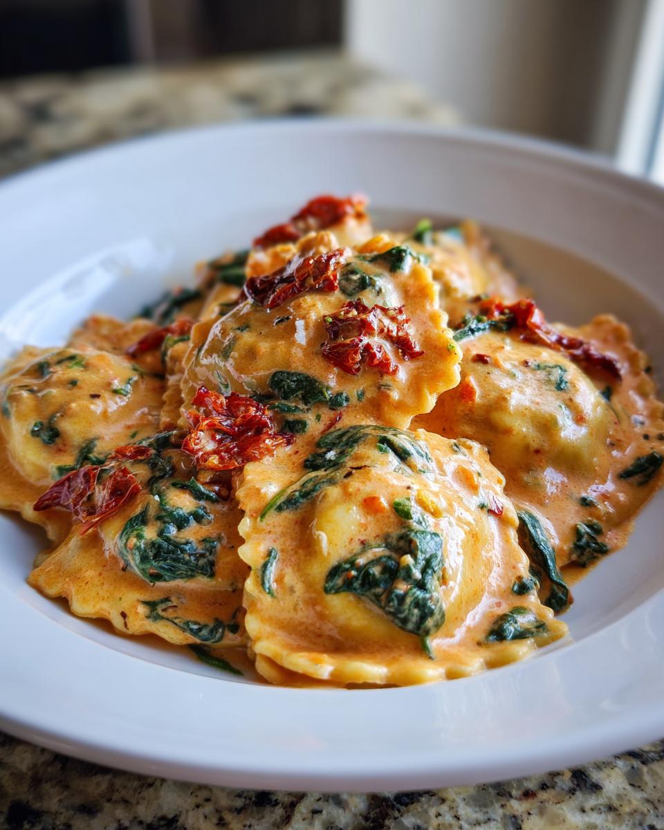 Close-up of reamy tuscan ravioli with sausage, spinach, and sun-dried tomatoes in a rich, creamy sauce.