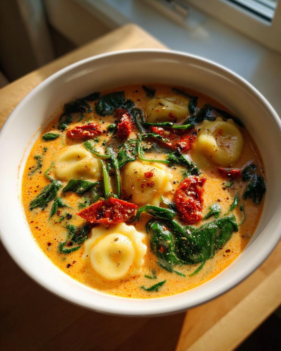 Close-up of a white bowl filled with creamy Tuscan ravioli soup, featuring pasta, spinach, and sun-dried tomatoes.