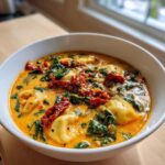 A close-up of a white bowl filled with creamy Tuscan ravioli soup, featuring cheese ravioli, wilted spinach, and sun-dried tomatoes.